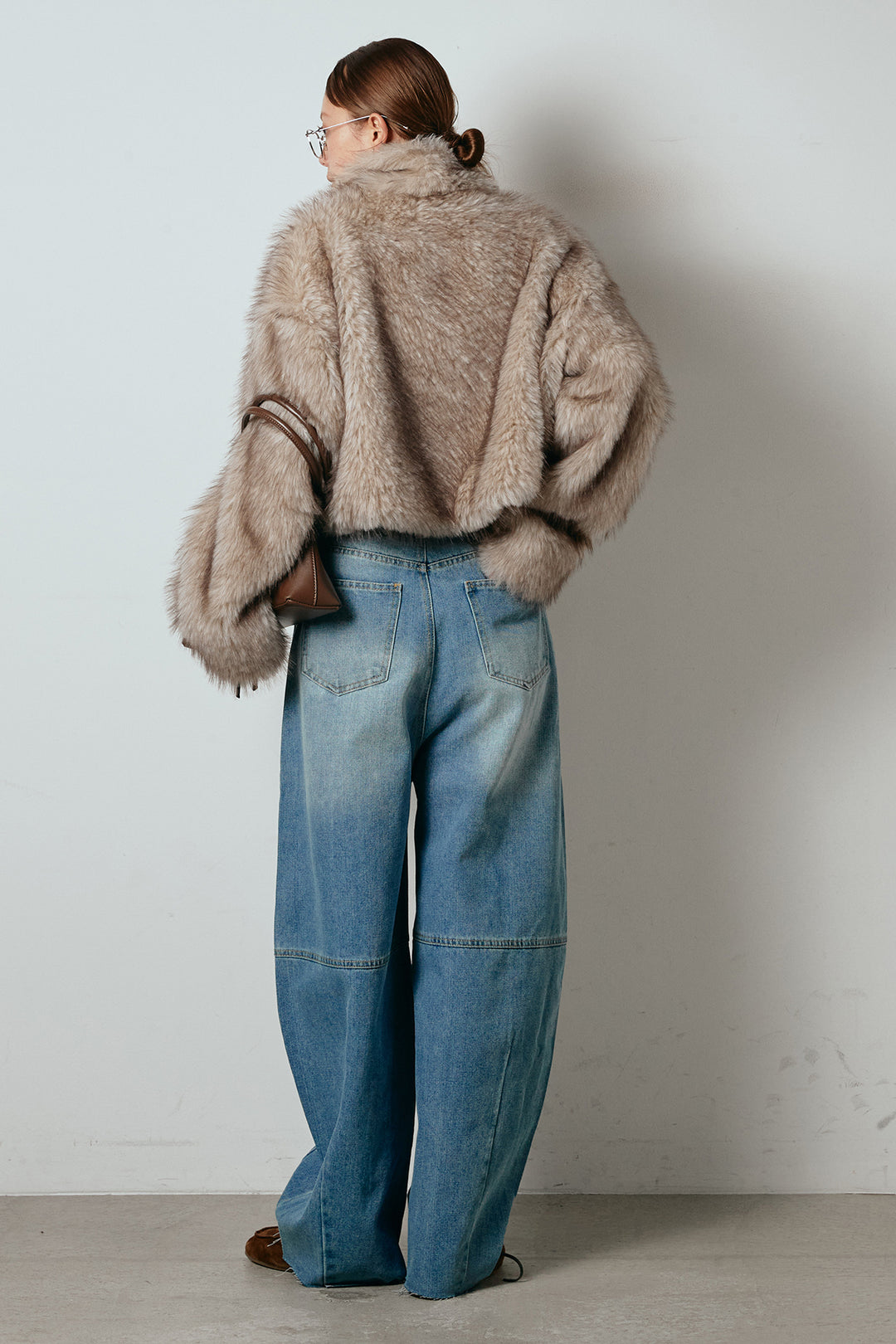 [SET]エコファーショート丈ブルゾン+加工デニムタックコクーンワイドパンツ(2set)