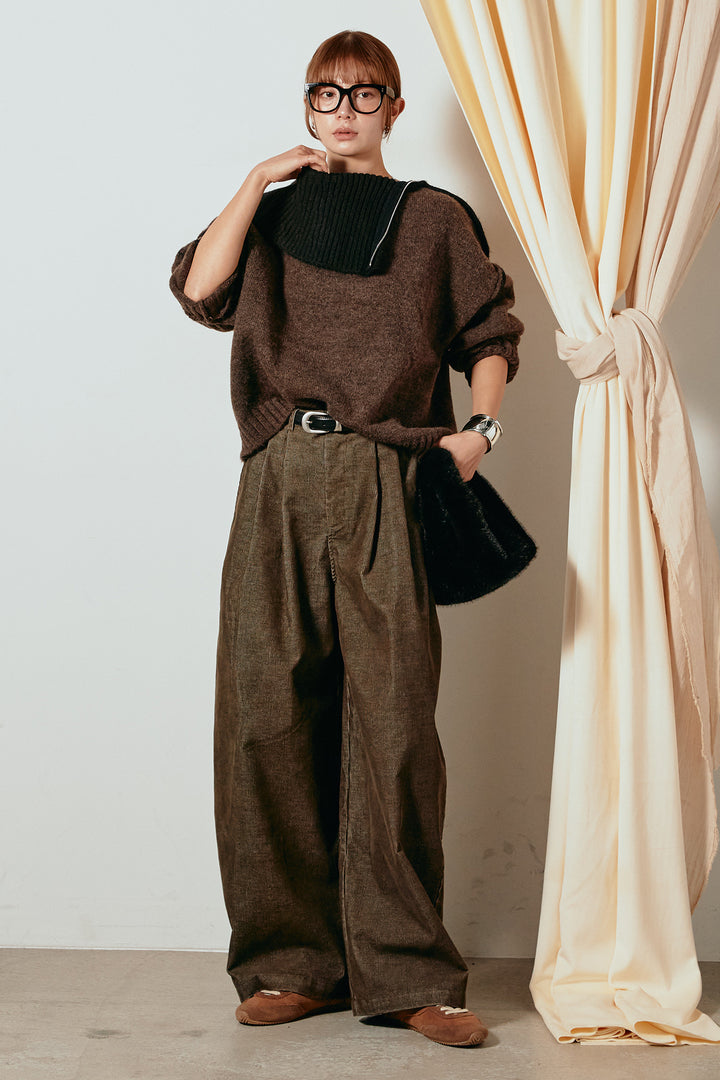 [SET]ハイネックジップデザインニットトップス+フロントタック入りコーデュロイパンツ(2set)