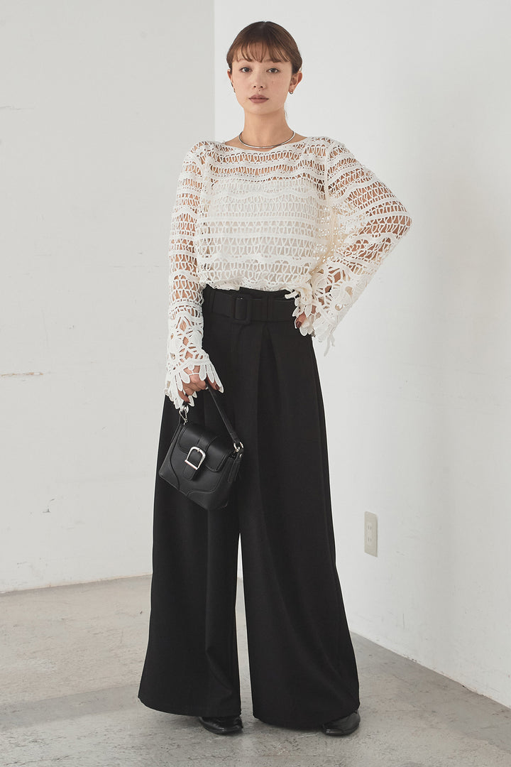 [SET]裾デザインメッシュプルオーバー+ベルト付きツータックワイドパンツ(2set)