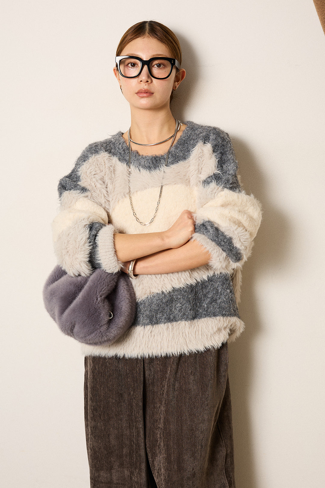 [SET]シャギーウェーブ柄クルーネックニットトップス+かすれデザインワイドパンツ(2set)