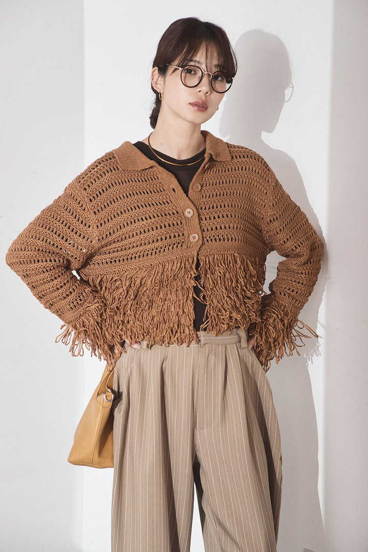 [SET]メッシュフリンジカーディガン+ヘリンボーンストライプツータックパンツ(2set)