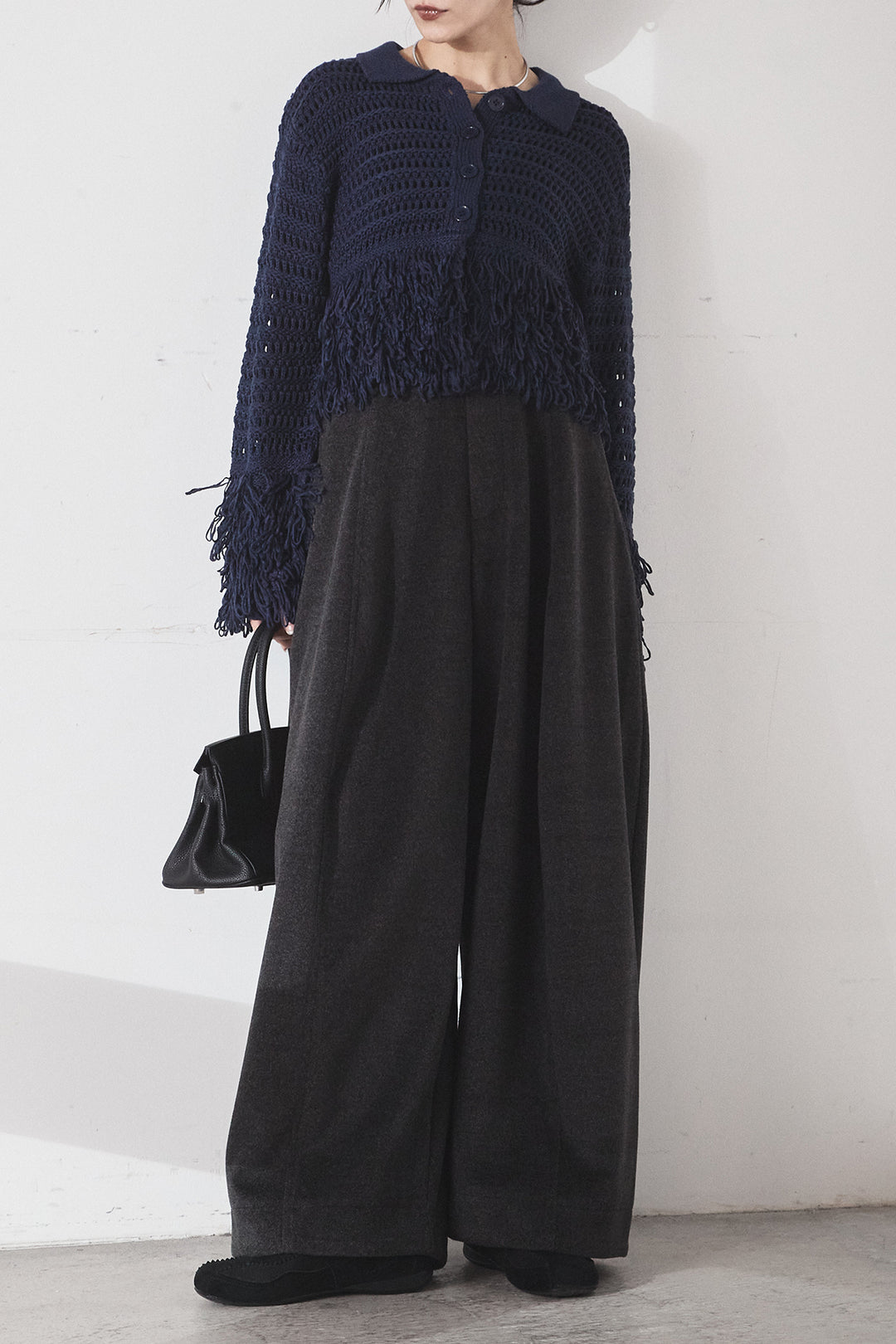 [SET]メッシュフリンジカーディガン+ウールタッチカーブワイドパンツ(2set)