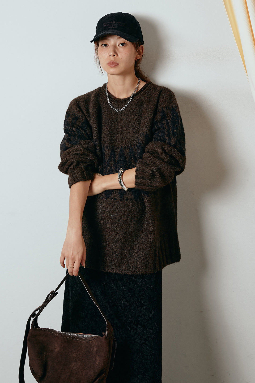 [SET]モノトーン柄ニットトップス+花柄刺繍ベロアフレアスカート(2set)