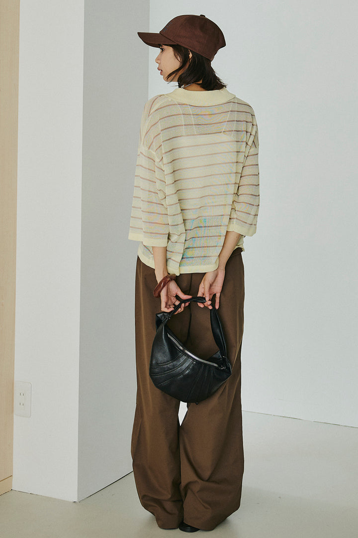 [SET]ボーダーニットポロシャツ+ニーサイドタックウエストドロスパンツ(2set)