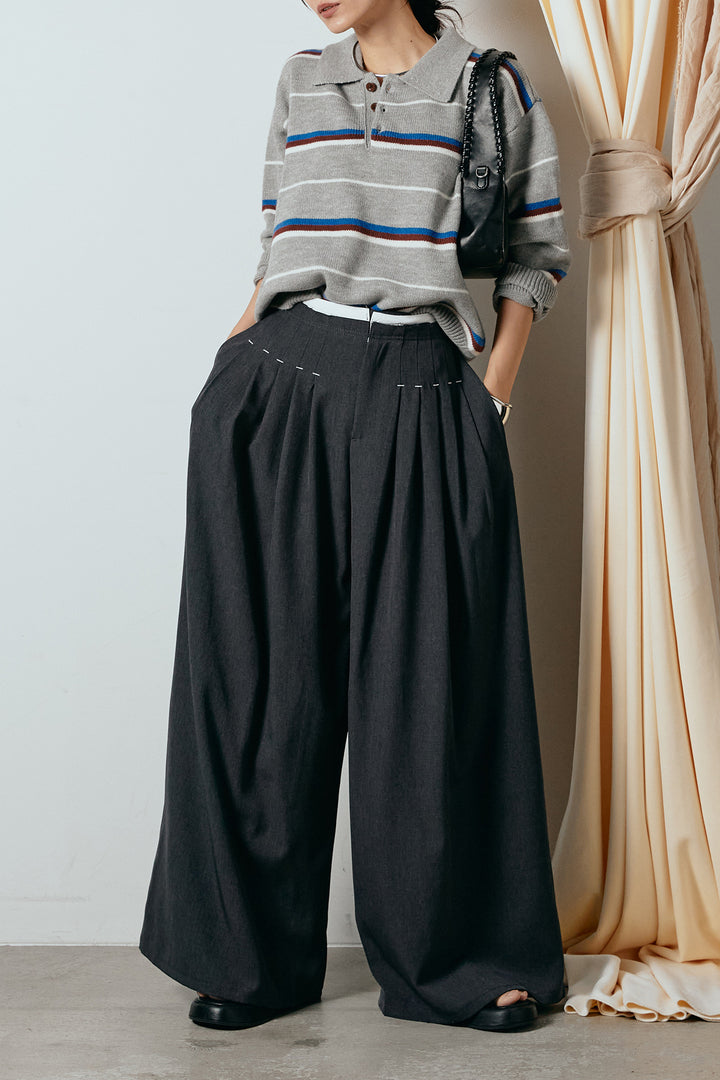 [SET]襟付きマルチボーダーニットポロトップス+ウエストステッチデザインワイドスラックス(2set)