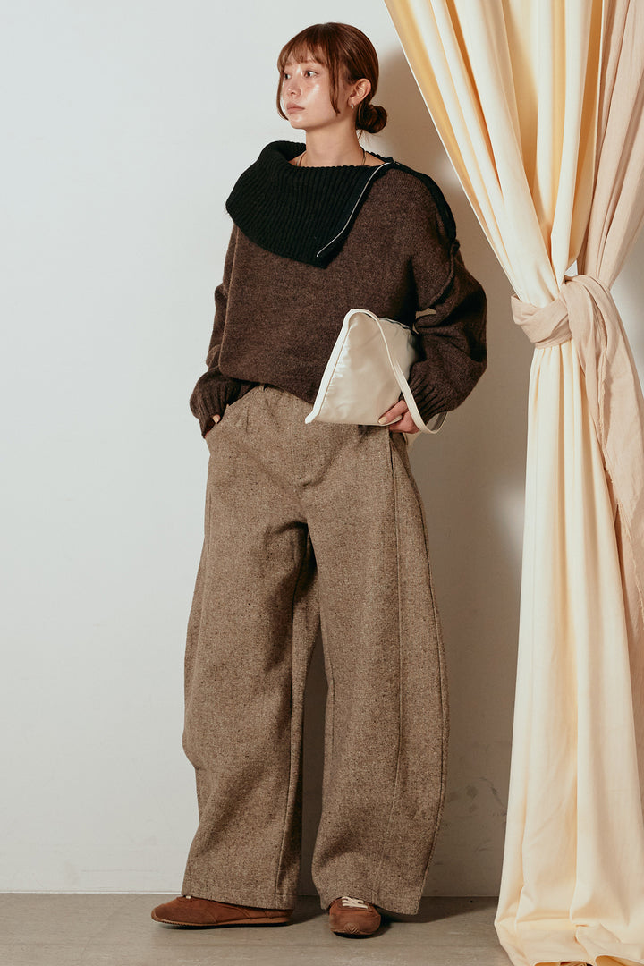 [SET]ハイネックジップデザインニットトップス+ベルト付きネップツイードカーブパンツ(2set)
