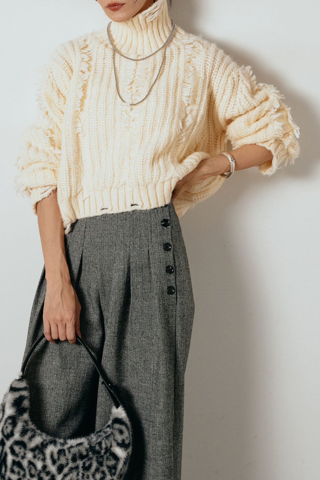 [SET]フリンジタートルショートニット+サイドボタンツイードタックパンツ(2set)