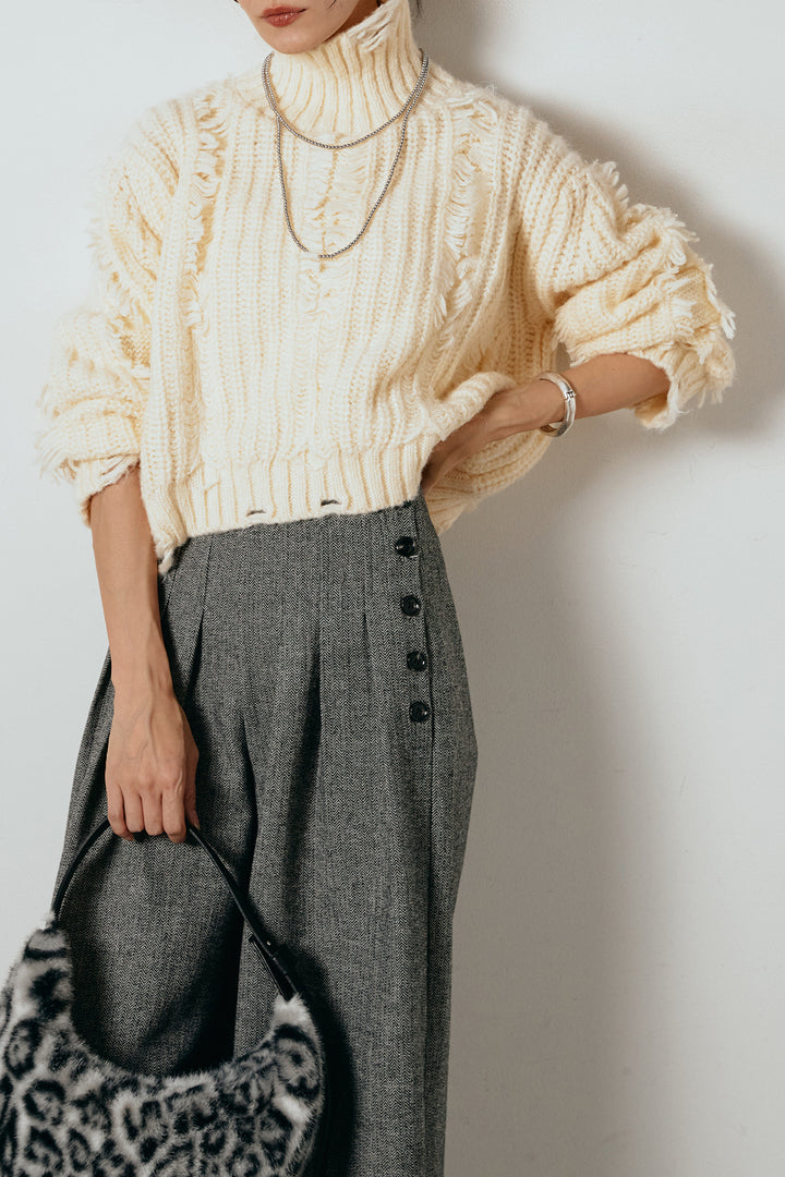 [SET]フリンジタートルショートニット+サイドボタンツイードタックパンツ(2set)