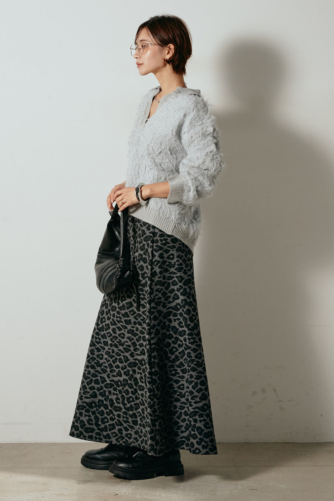 [SET]襟付きシャギーニットポロトップス+レオパードロングスカート(2set)