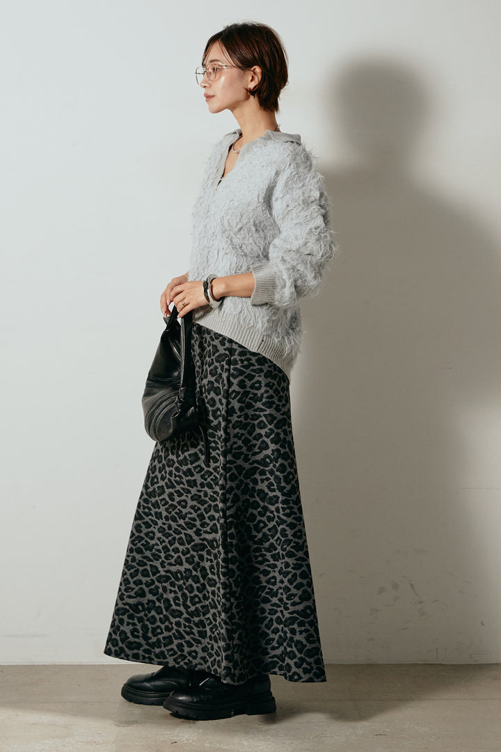 [SET]襟付きシャギーニットポロトップス+レオパードロングスカート(2set)