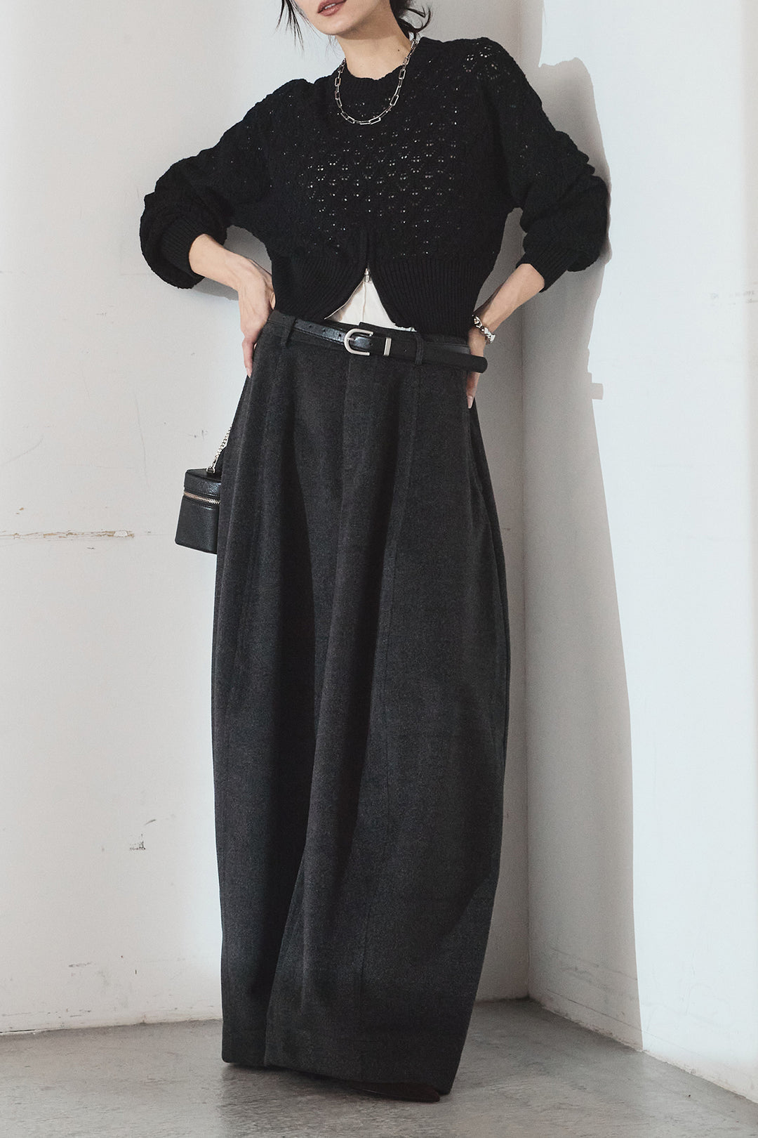 [SET]透かし編みニットジップスリットプルオーバー+ウールタッチカーブワイドパンツ(2set)