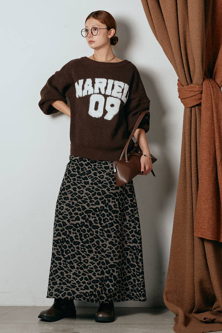 [SET]ロゴジャガードニットトップス+レオパードロングスカート(2set)