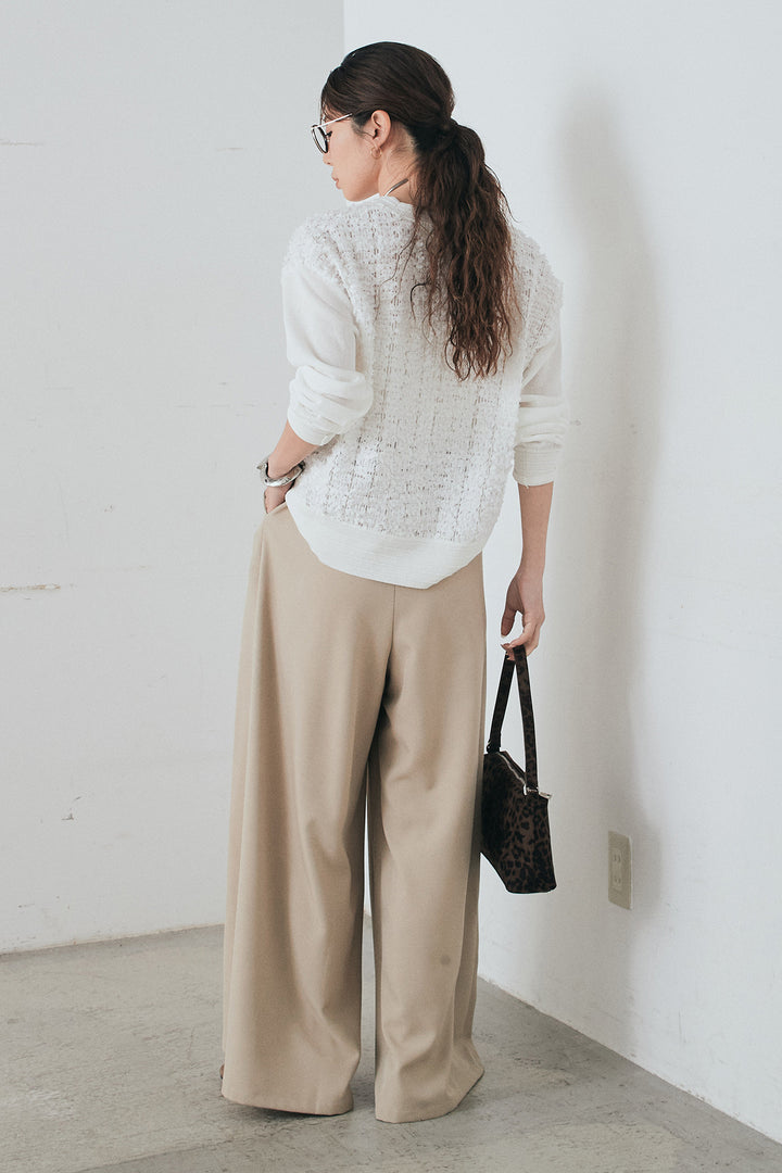 [SET]モコレースVネックカーディガン+太ベルト付きフロントタックパンツ(2set)