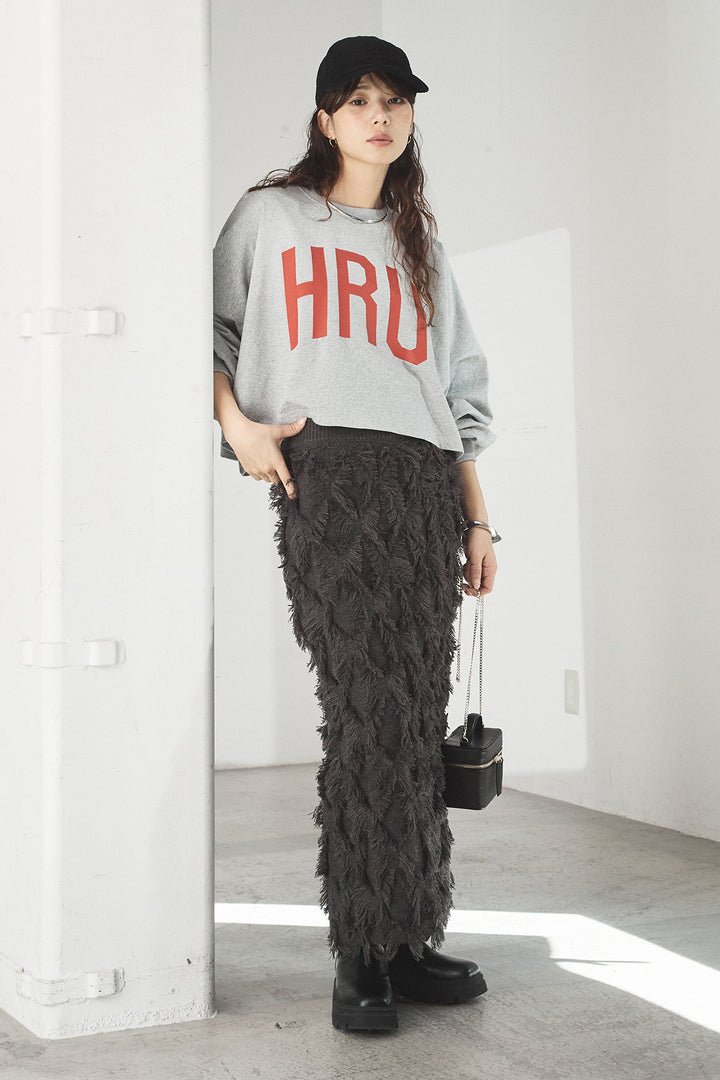 [SET]ビッグロゴHRU袖ボリュームトップス+カットフリンジニットタイトスカート(2set)