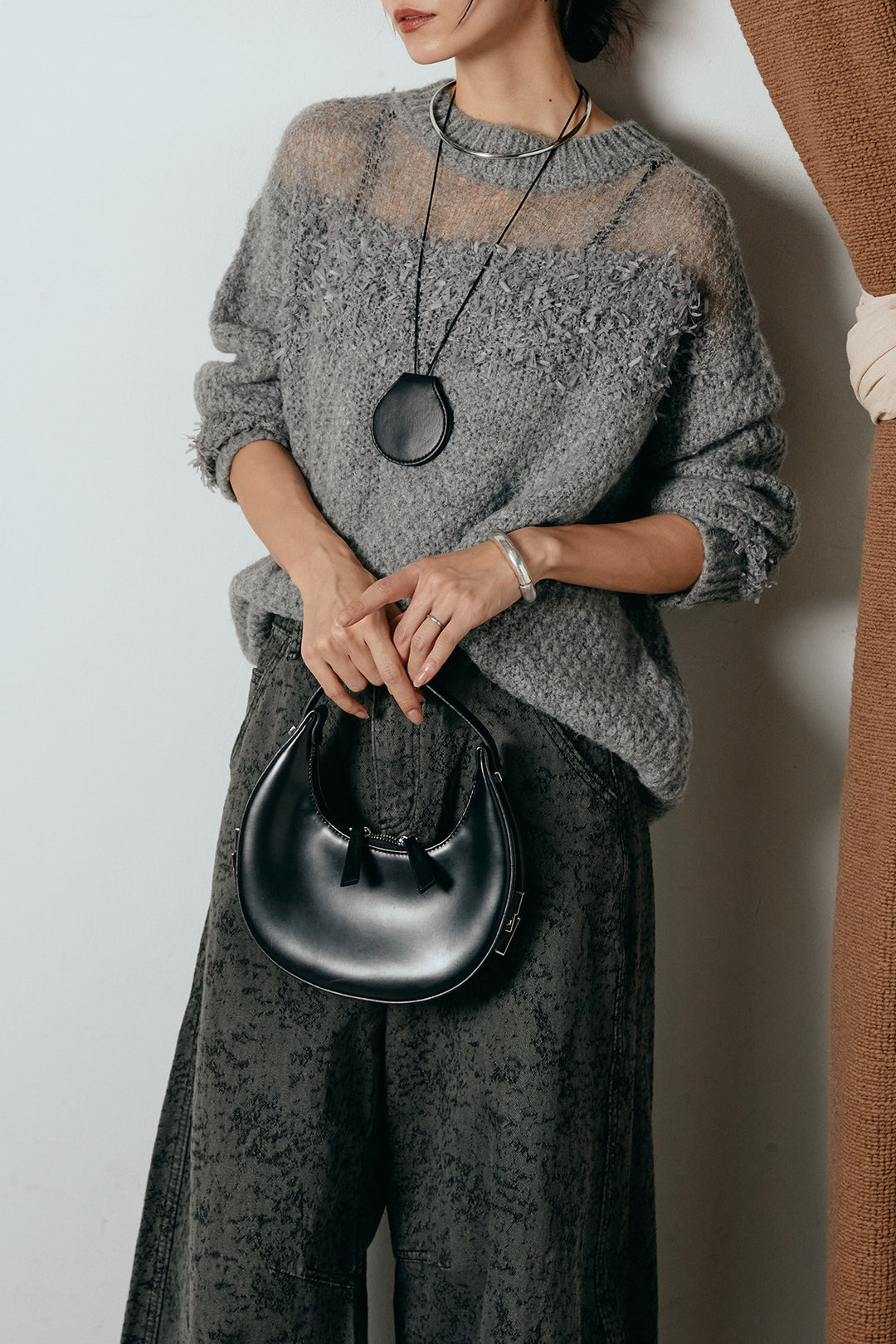 [SET]パターンランダム編みニットトップス+ベルト付きニュアンス柄カーブワイドパンツ(2set)