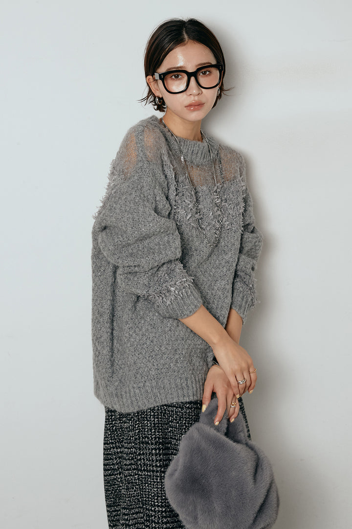 [SET]パターンランダム編みニットトップス+グレンチェック柄フロントジップタイトスカート(2set)