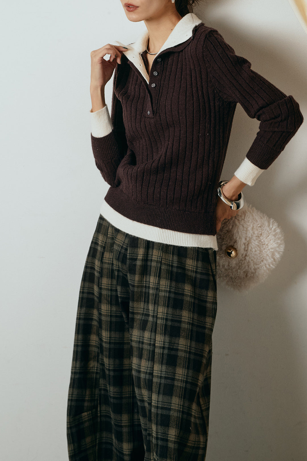 [SET]レイヤード風リブニットトップス+ベルト付きタータンチェックカーブワイドパンツ(2set)