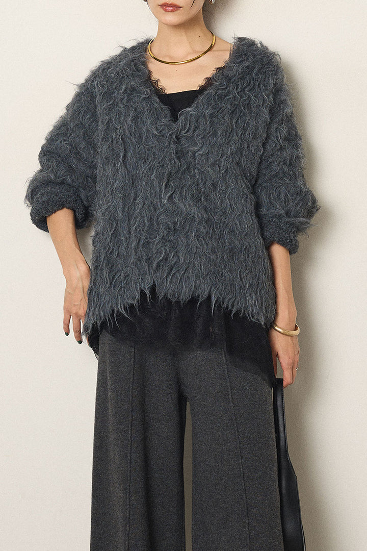 [SET]起毛シャギーニットカーディガン+レース切り替えキャミソール(2set)