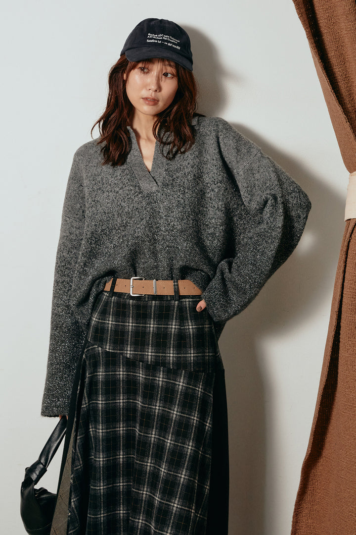 [SET]グラデーションラメニットキーネックプルオーバー+フェイクレザーベルト付き切り替えタータンチェックスカート(2set)