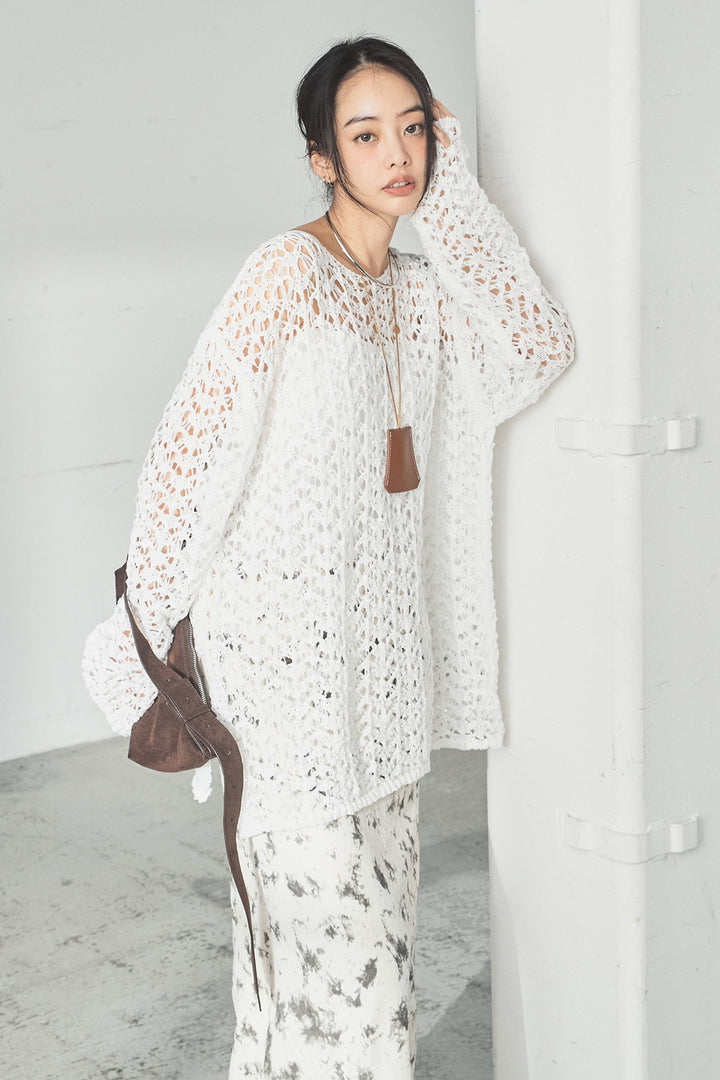 [SET]リラックスメッシュニットトップス+タイダイ柄ベロアワイドスカート(2set)