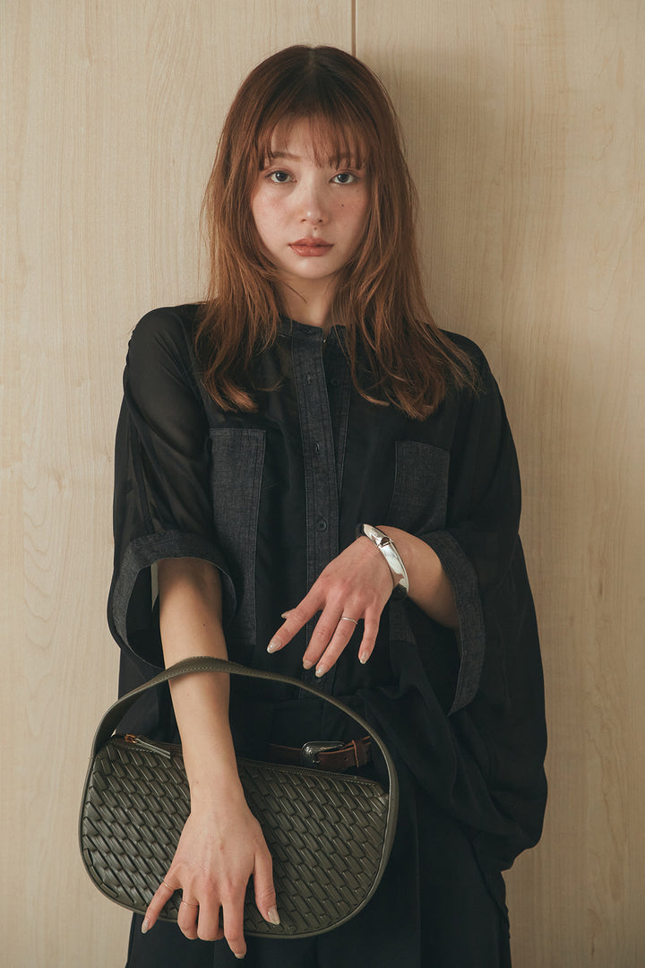 [SET]デニムライクビッグツーポケシアーシャツ+ベルトループデザインハイウエストタックパンツ(2set)