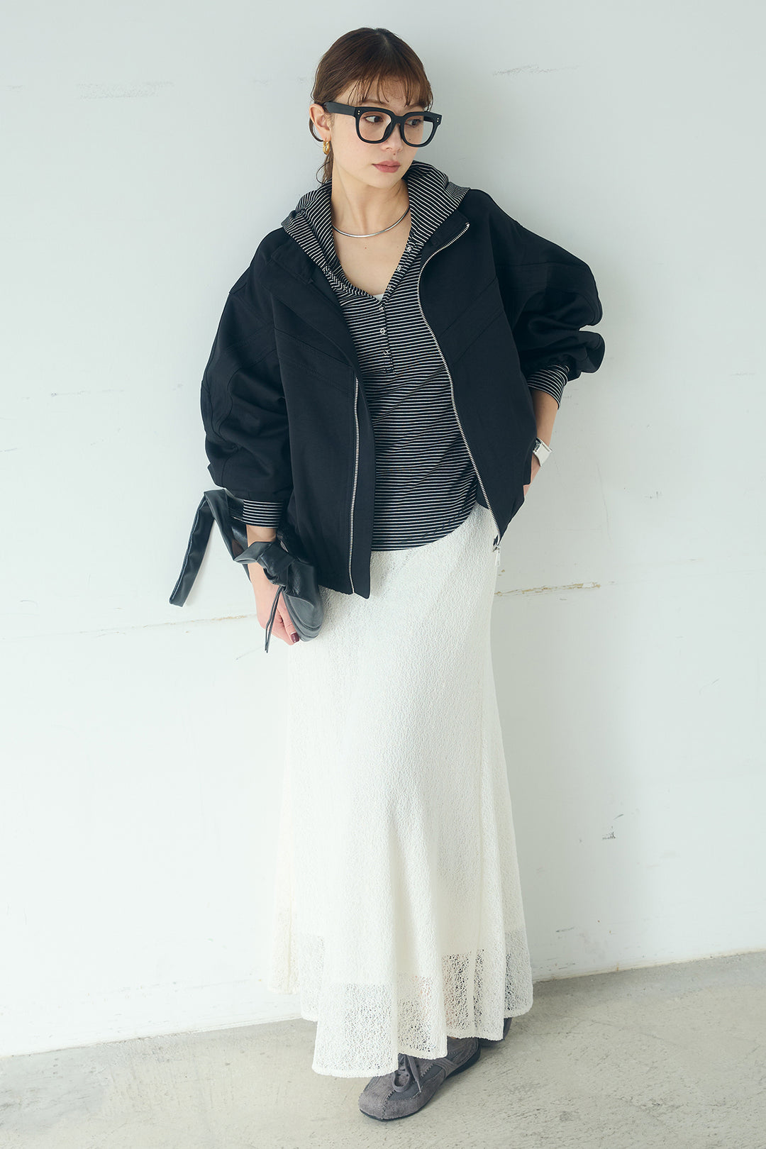 [SET]マルチ切り替えドルマンブルゾン+メッシュ刺繍ロングスカート+ボーダーフーディーロンT(3set)