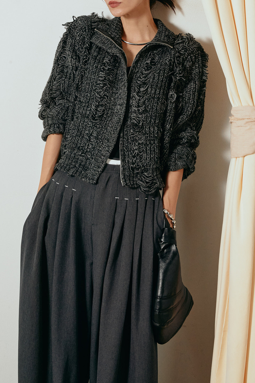 [SET]ハイネックフリンジジップニットトップス+ウエストステッチデザインワイドスラックス(2set)