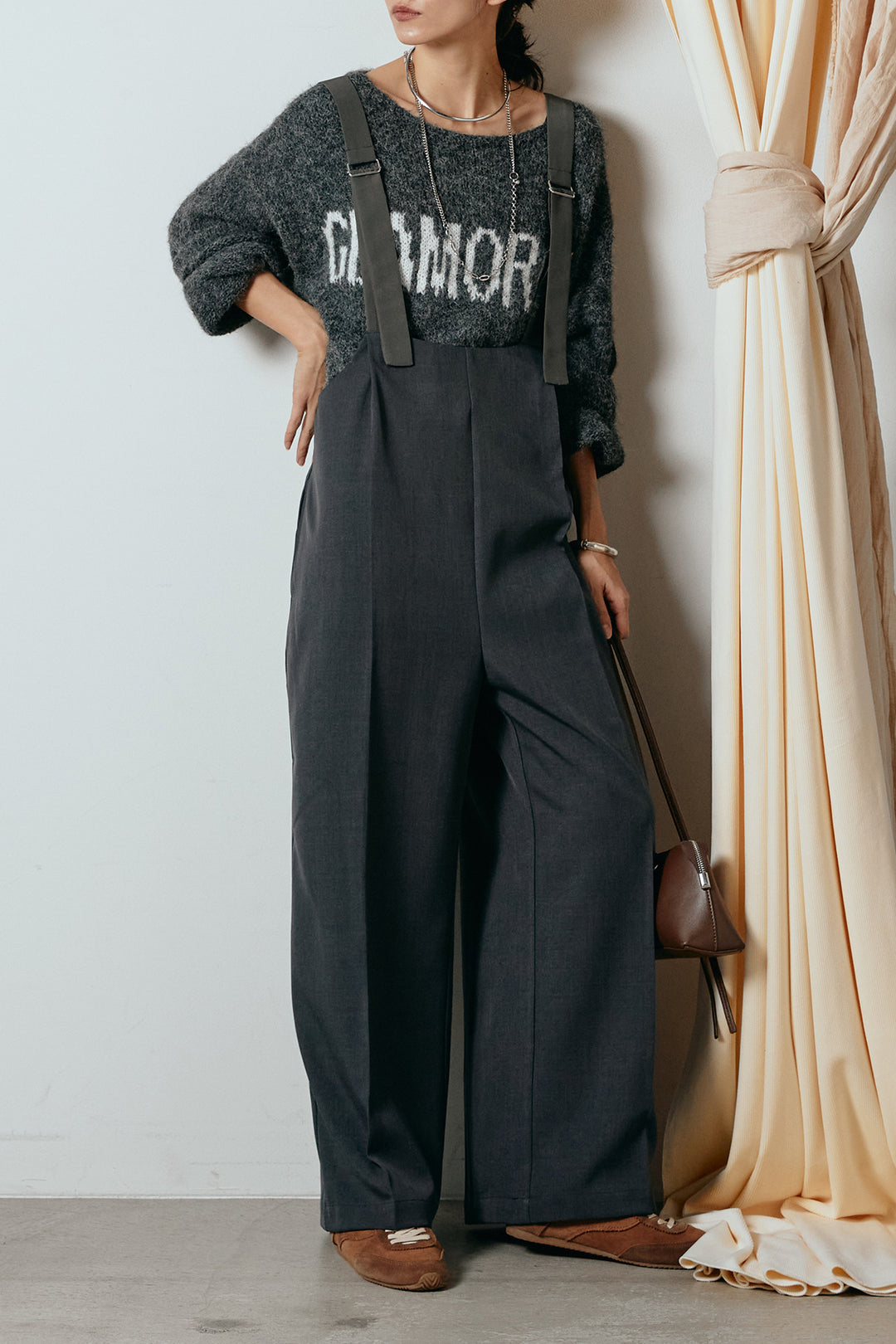 [SET]フロントロゴデザインニットトップス+ワイドツイルサロペット(2set)