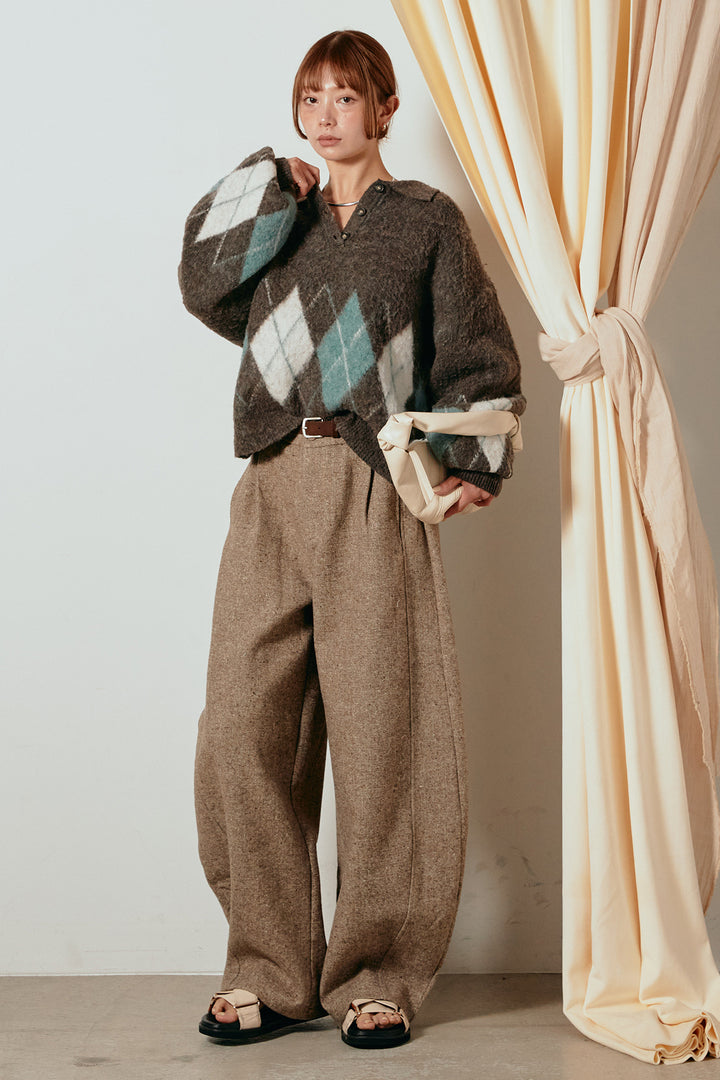 [SET]アーガイル柄ポロニットトップス+ベルト付きネップツイードカーブパンツ(2set)