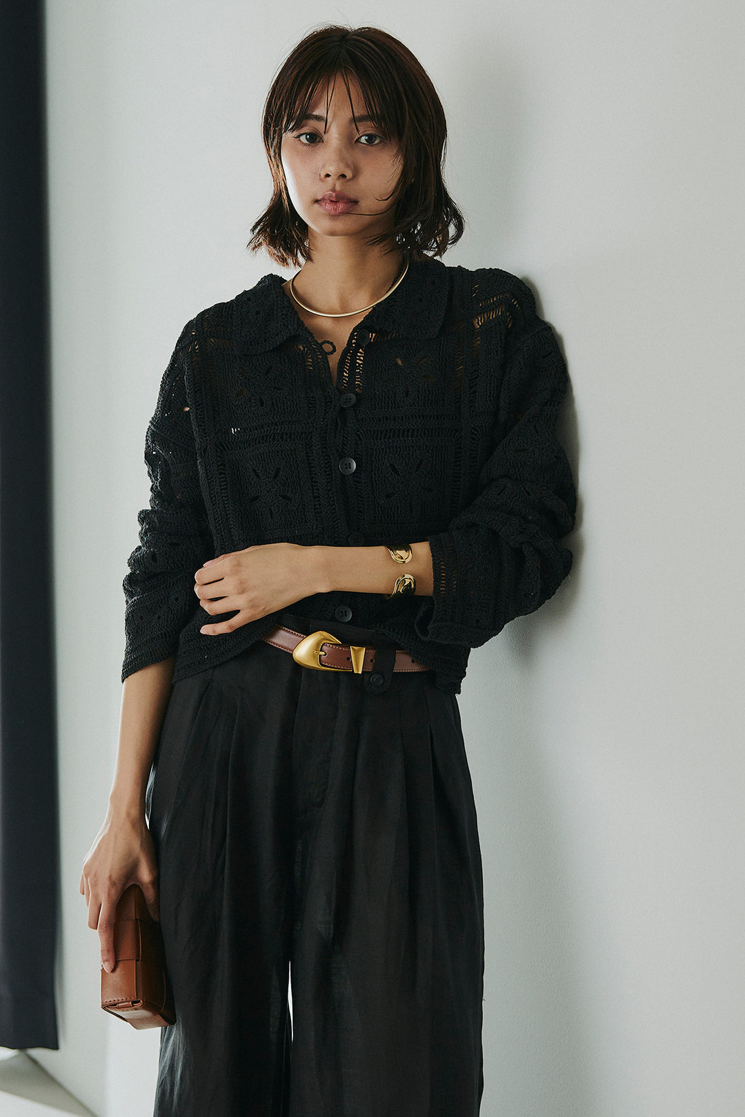 [SET]鍵編みフラワーレースカーディガン+タック入りワイドパンツ(2set)