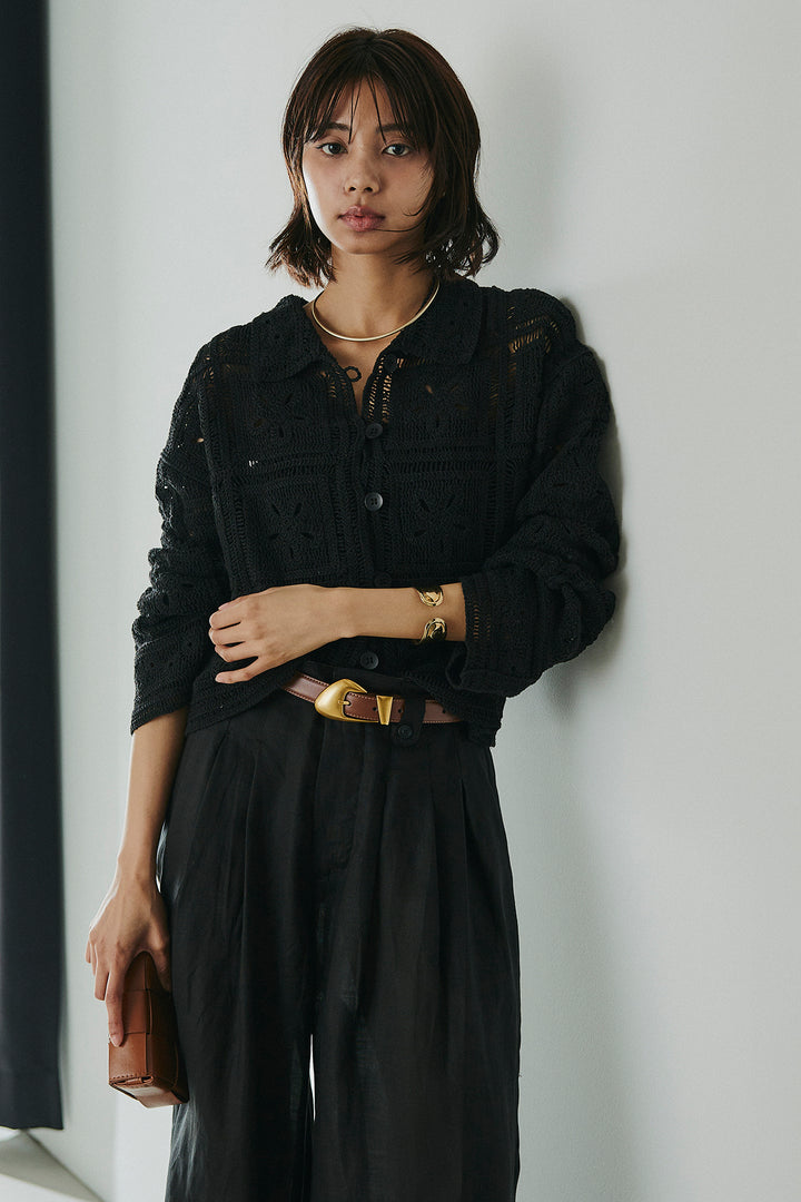 [SET]鍵編みフラワーレースカーディガン+タック入りワイドパンツ(2set)