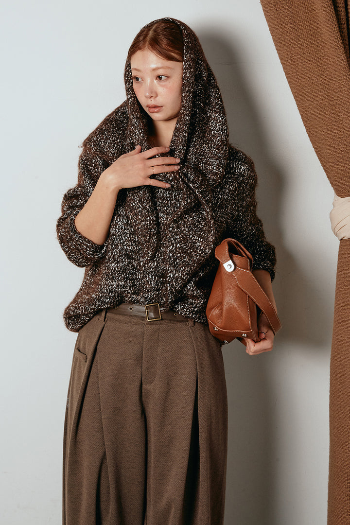 [SET]スカーフ付きミックスニットトップス+細ベルト付き起毛タックワイドパンツ(2set)