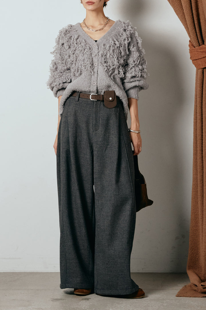 [SET]ループ編みVネックニットカーディガン+ポーチベルト付きカーブパンツ(2set)