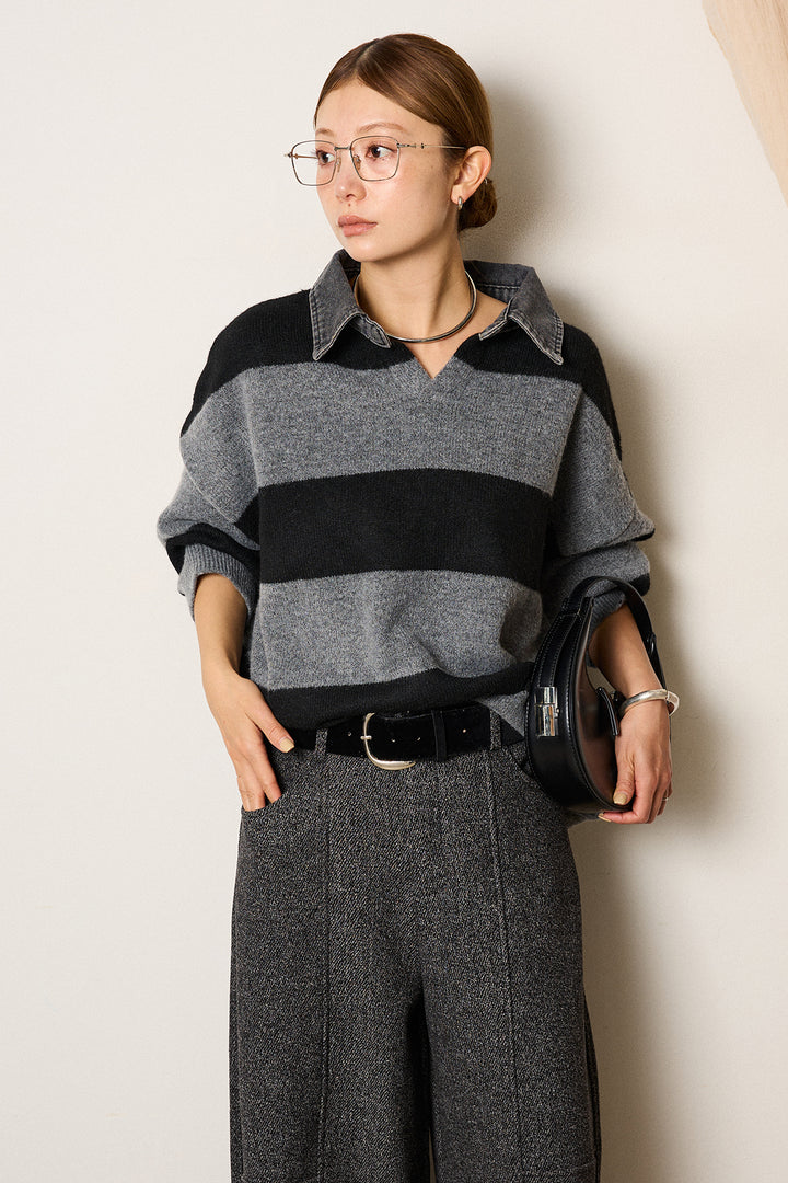 [SET]デニムカラーボーダールーズニット+太ベルト付きツイードワイドパンツ(2set)