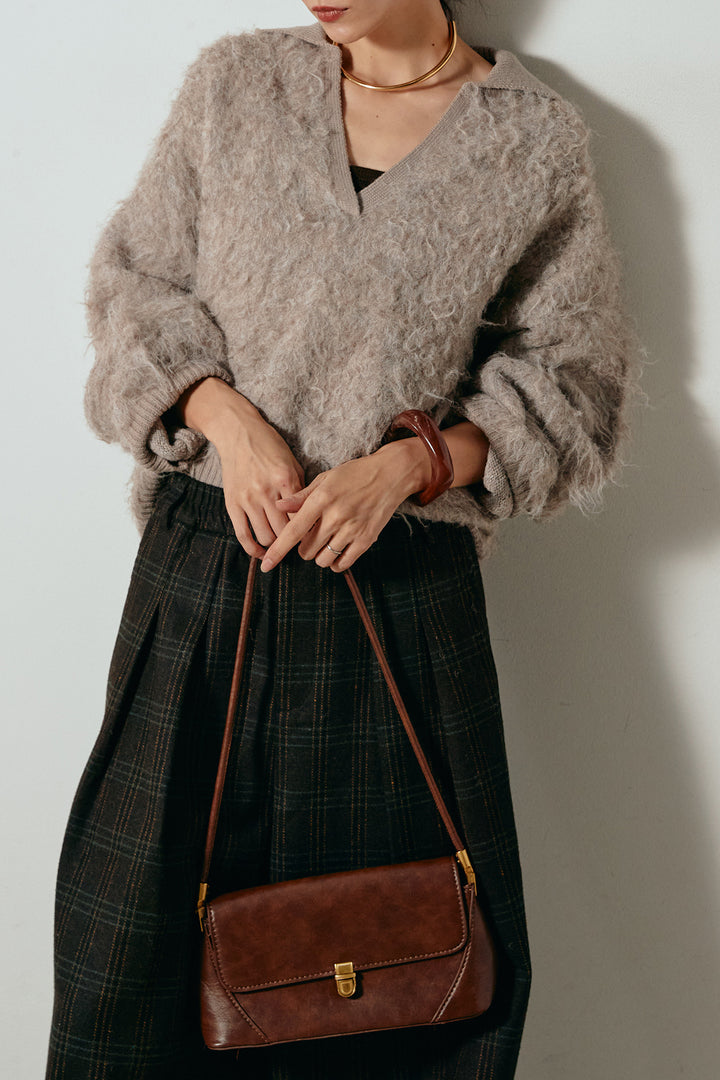 [SET]襟付きシャギーニットポロトップス+タータンチェック柄タックパンツ(2set)