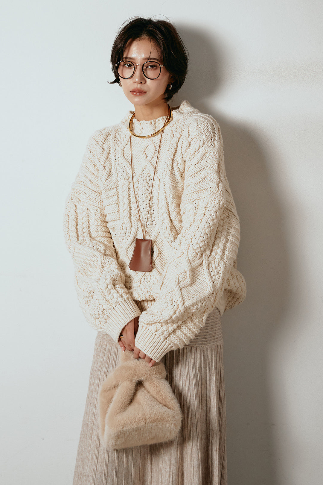 [SET]アラン柄ミックスケーブルニット+編み地切り替えフレアニットスカート(2set)