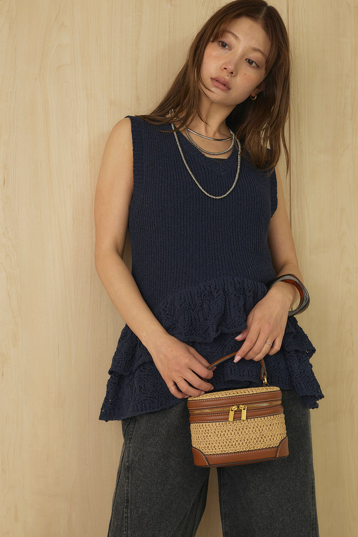 [SET]透かし編み裾フリルベスト+カラーデニムヨークパンツ(2set)