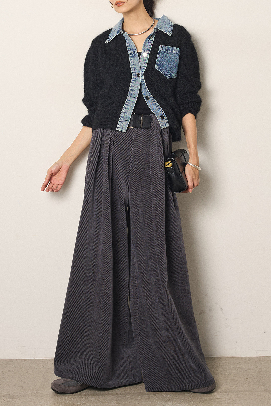[SET]襟付きデニム切替ニットカーディガン+ベルトループコーデュロイワイドパンツ(2set)
