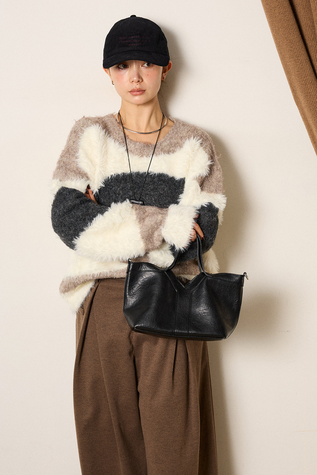 [SET]シャギーウェーブ柄クルーネックニットトップス+細ベルト付き起毛タックワイドパンツ(2set)