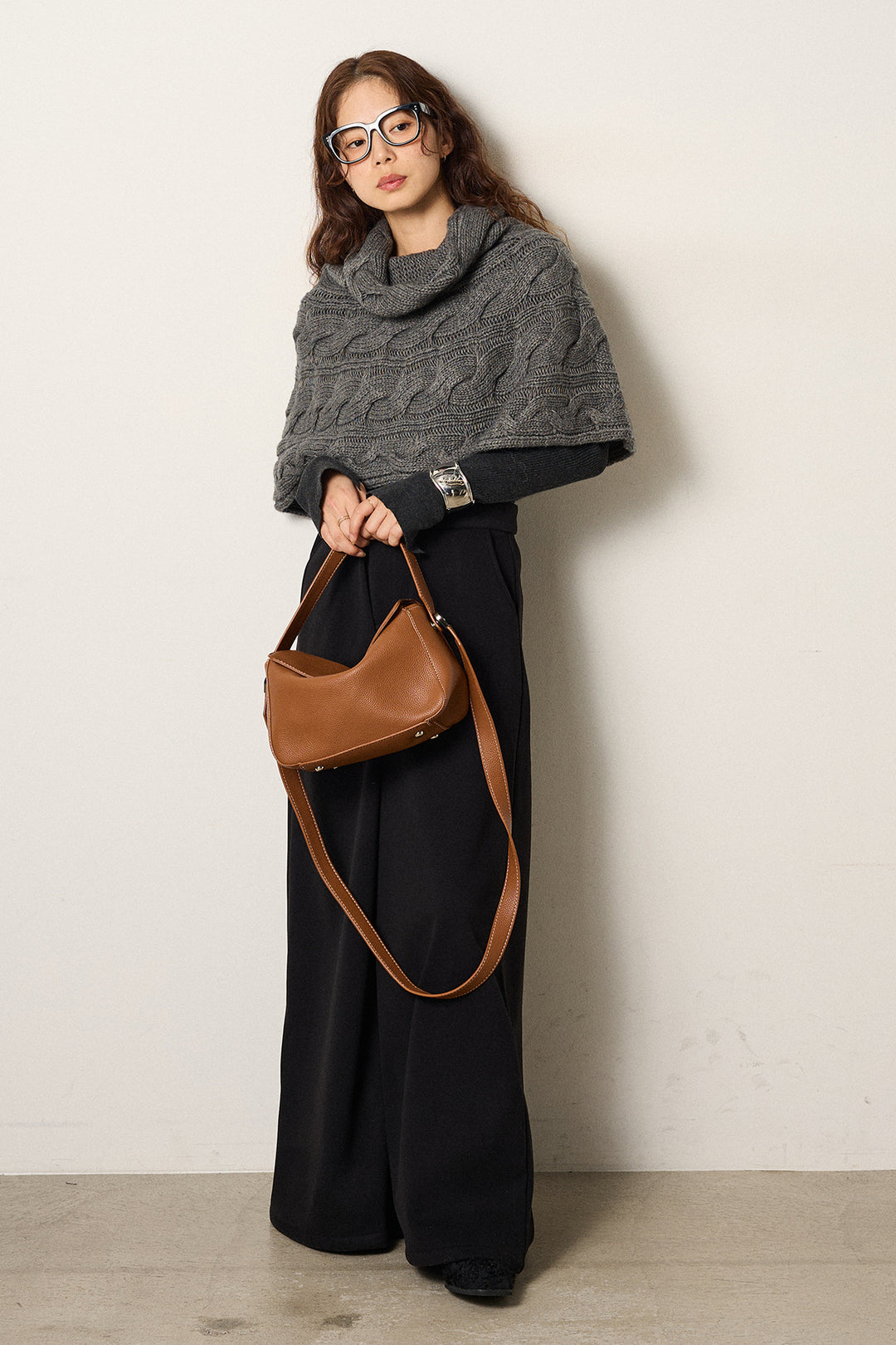 [SET]ケーブル編みケープレイヤードニット+サイドベルトパンツ(2set)