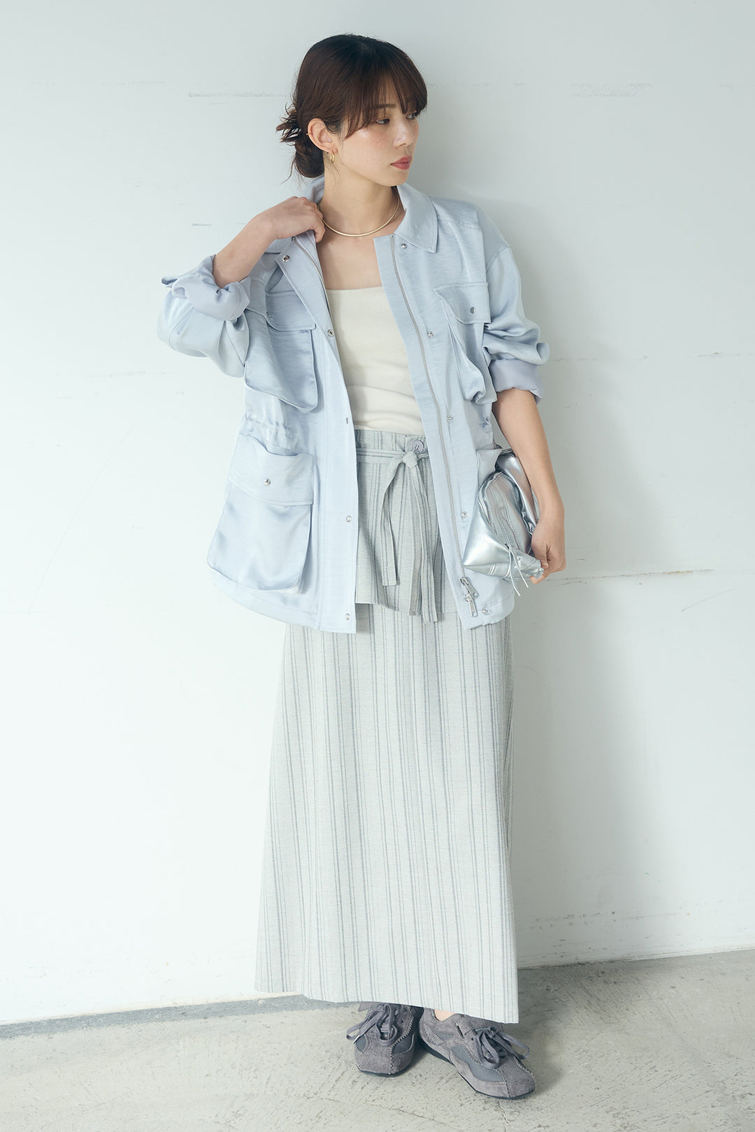 [SET]サテンライトブルゾン+ラップ巻きピンストライプワイドスカート(2set)