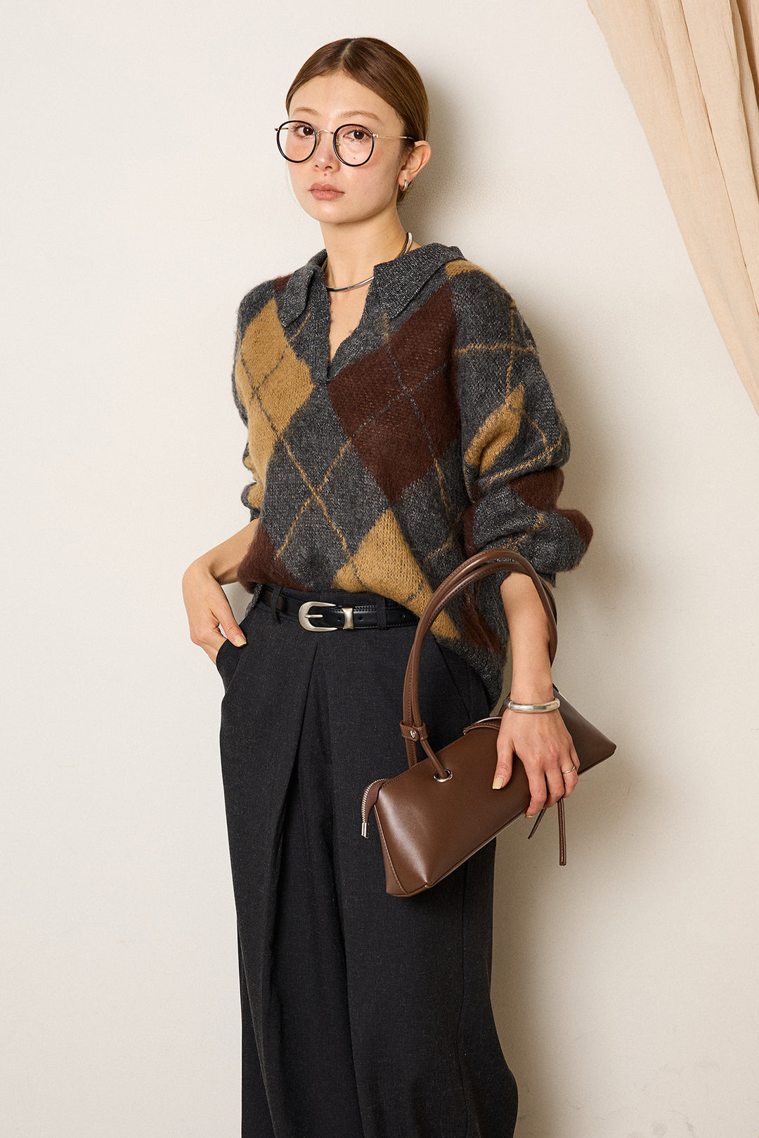 [SET]アクリルモヘアアーガイルキーネックプルオーバー+フロントワイドタックネップ入ワイドパンツ(2set)