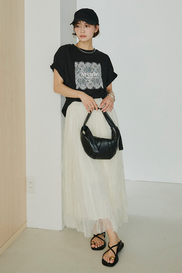 [SET]レースロゴ刺繍Tシャツ+レースコンビワッシャーギャザースカート(2set)