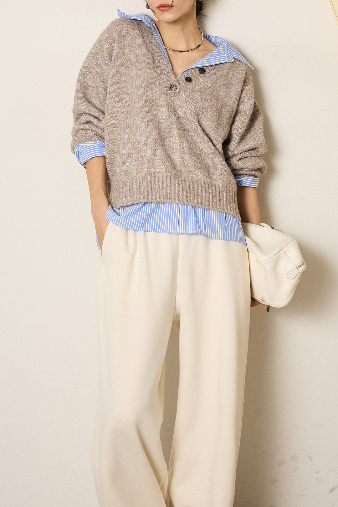 [SET]ストライプシャツドッキングニットポロトップス+裏起毛スウェットワイドパンツ(2set)