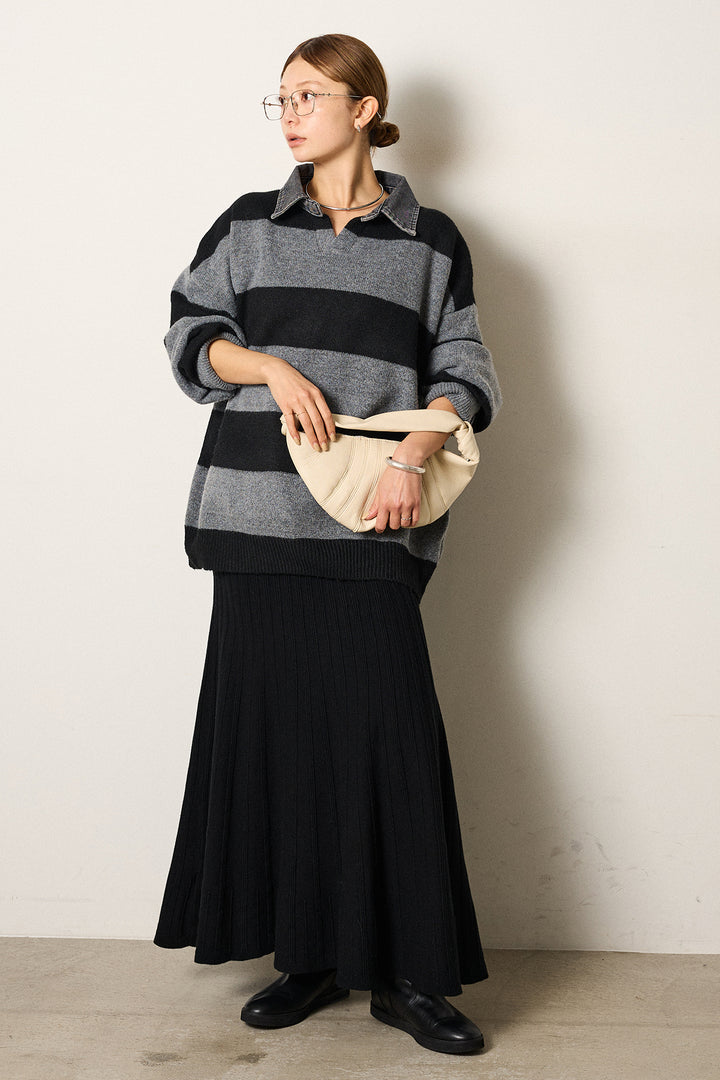 [SET]デニムカラーボーダールーズニット+編み地切り替えフレアニットスカート(2set)