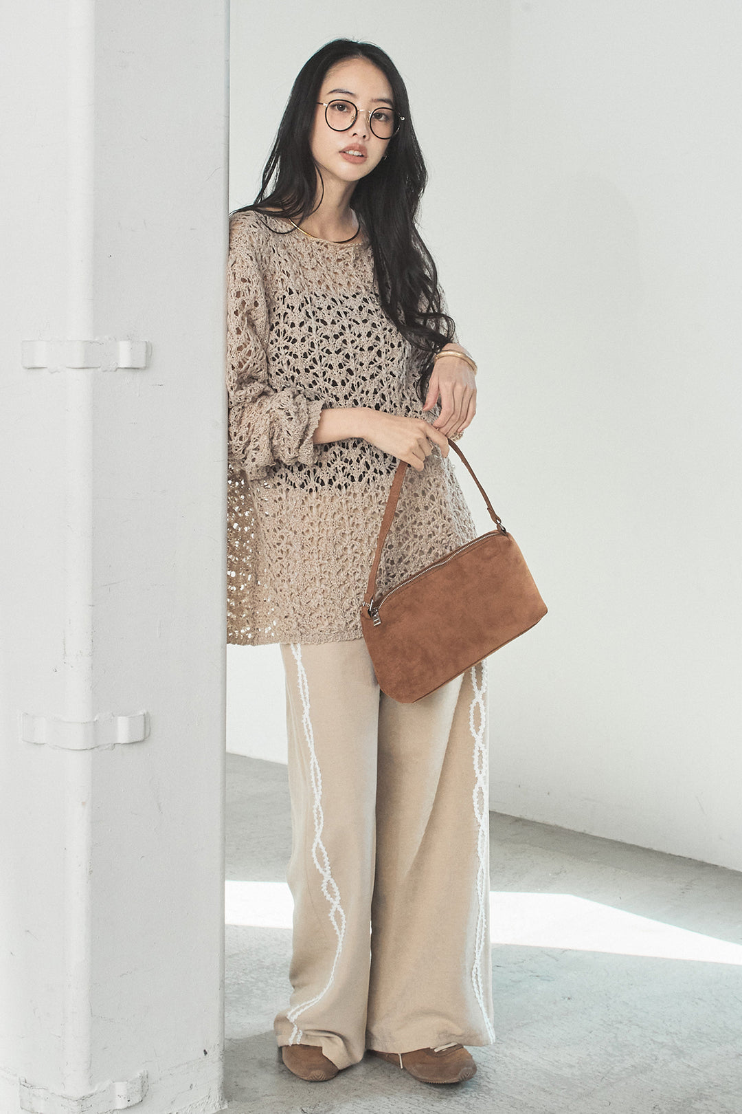 [SET]リラックスメッシュニットトップス+刺繡テープラインパンツ(2set)