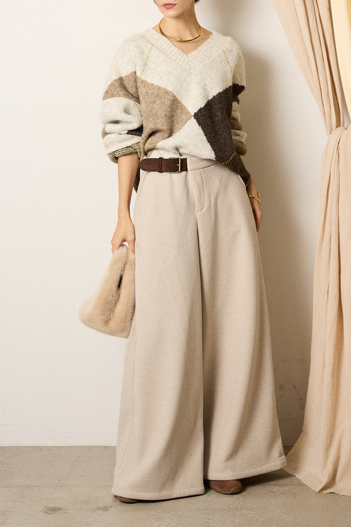 [SET]ルーズアーガイルVネックニット+サイドベルトパンツ(2set)