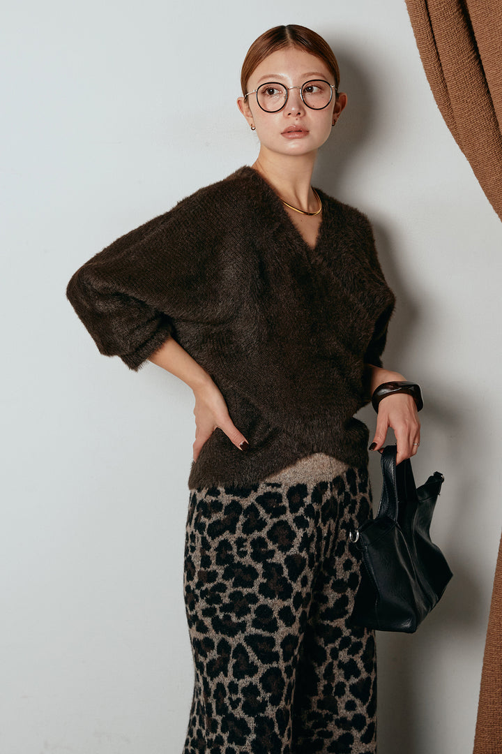 [SET]シャギーカシュクールニットトップス+リラックスレオパード柄ニットパンツ(2set)