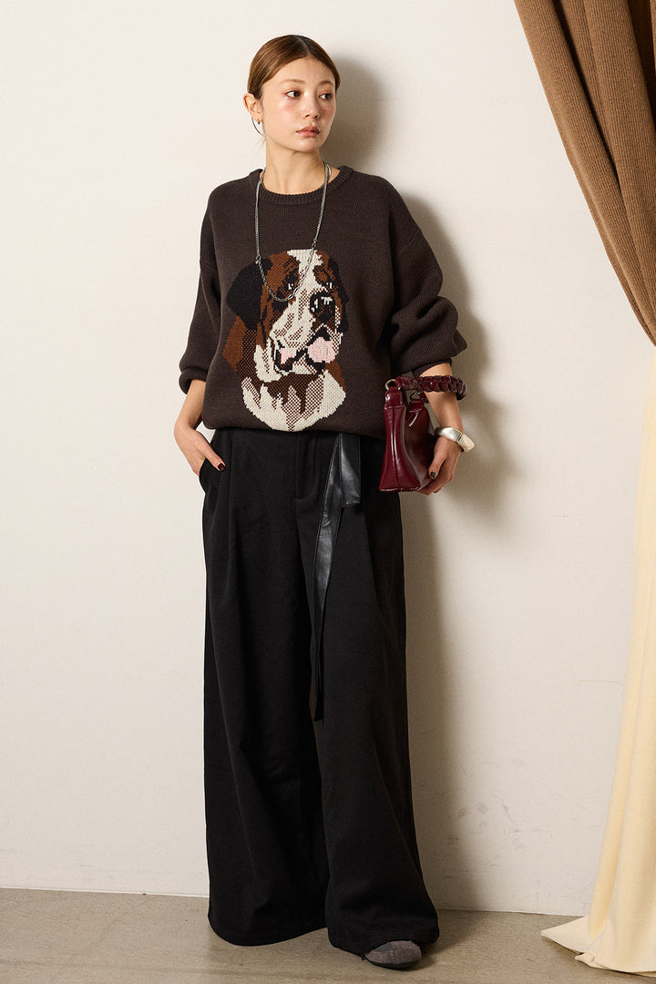 [SET]アニマルジャガード柄ニットトップス+巻ベルトウエストレザーライクワイドパンツ(2set)