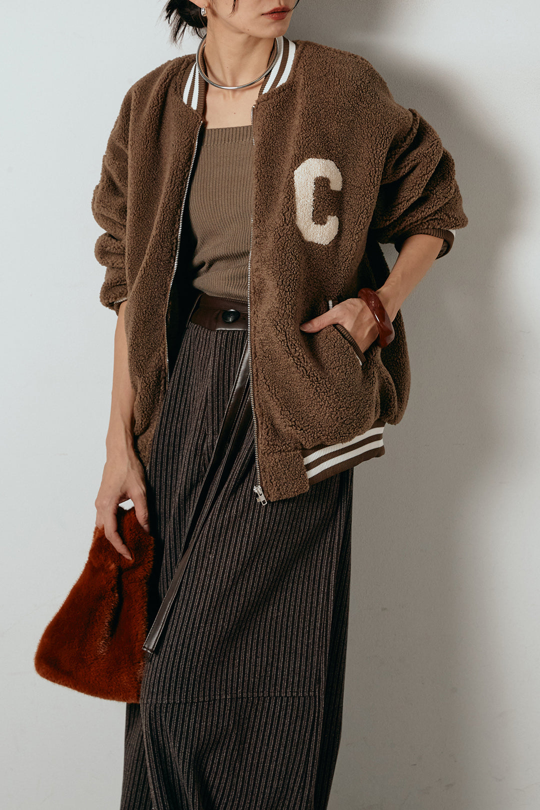 [SET]ロゴスタジャンボアブルゾン+レザーライク配色ストライプパンツ(2set)